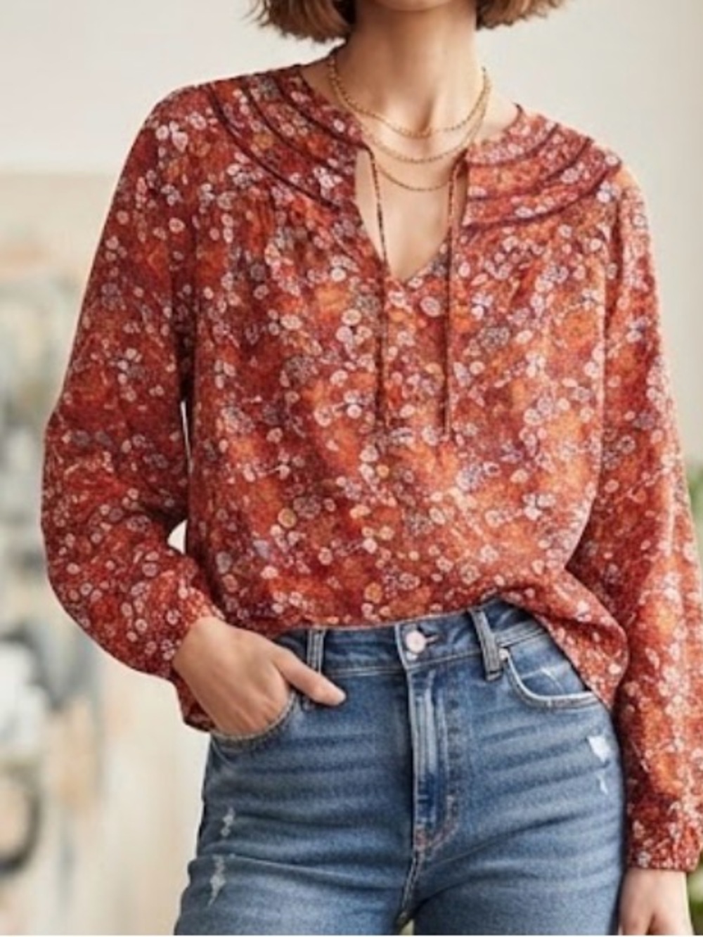 Universal Thread Red Floral Boho Tie-Neck Blouse | Size Small